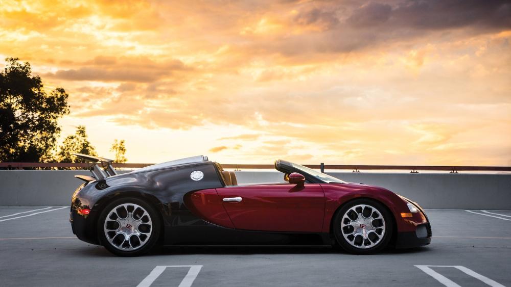 Bugatti Veyron Grand Sport Silhouette at Golden Sunset Rooftop wallpaper