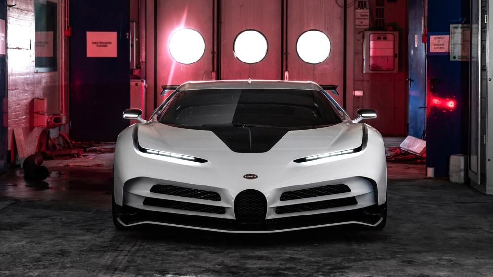 White Bugatti Centodieci Hypercar in Neon Garage Glow wallpaper