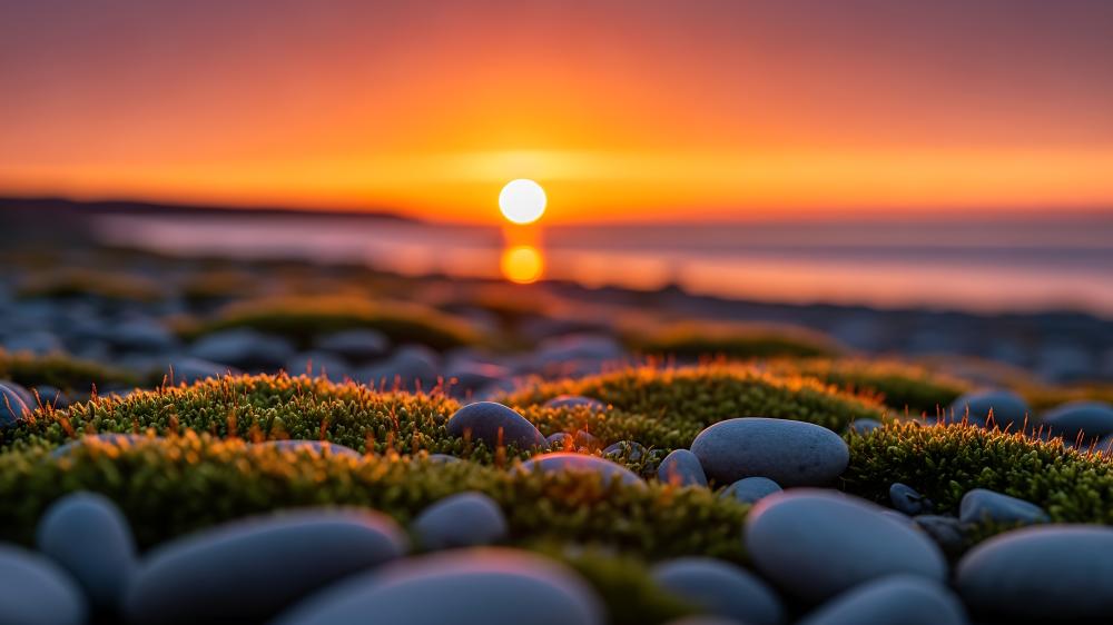 Mossy Pebbles Glow Beneath a Soft Abstract Sunset wallpaper