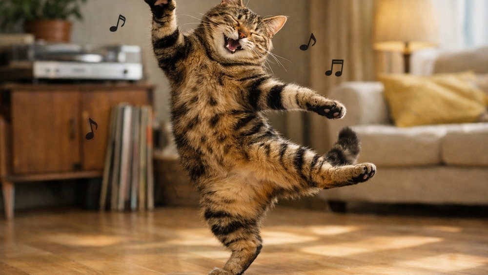 Disco Tabby Dance Break in a Cozy Living Room wallpaper