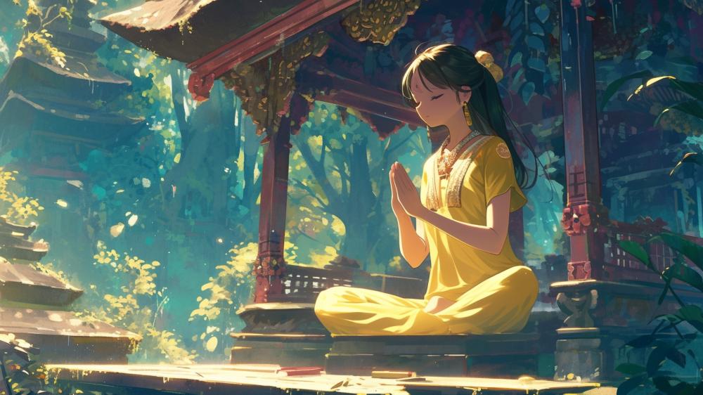 Serene Anime Meditation in a Sunlit Temple Garden wallpaper