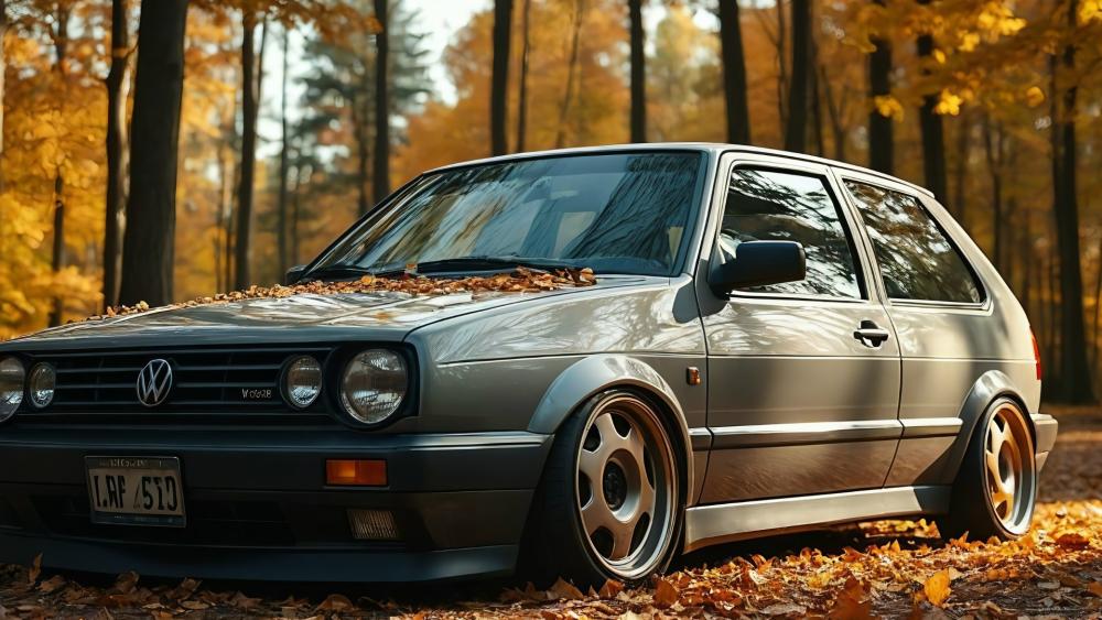 Autumn Cruise with a Classic Volkswagen Golf II in Golden Woods wallpaper