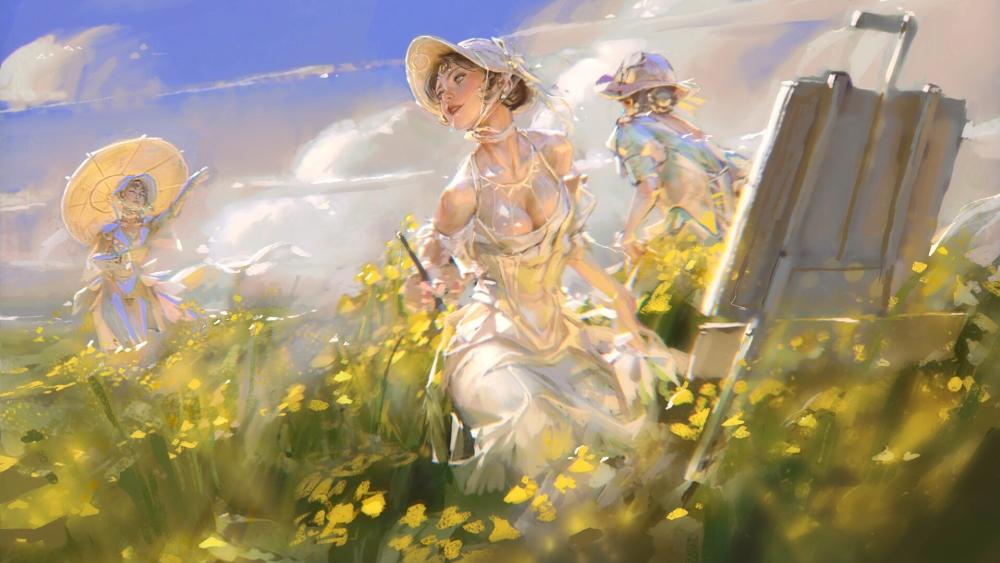 Sunlit Meadow Muse Painting Dreams in Golden Wildflowers wallpaper