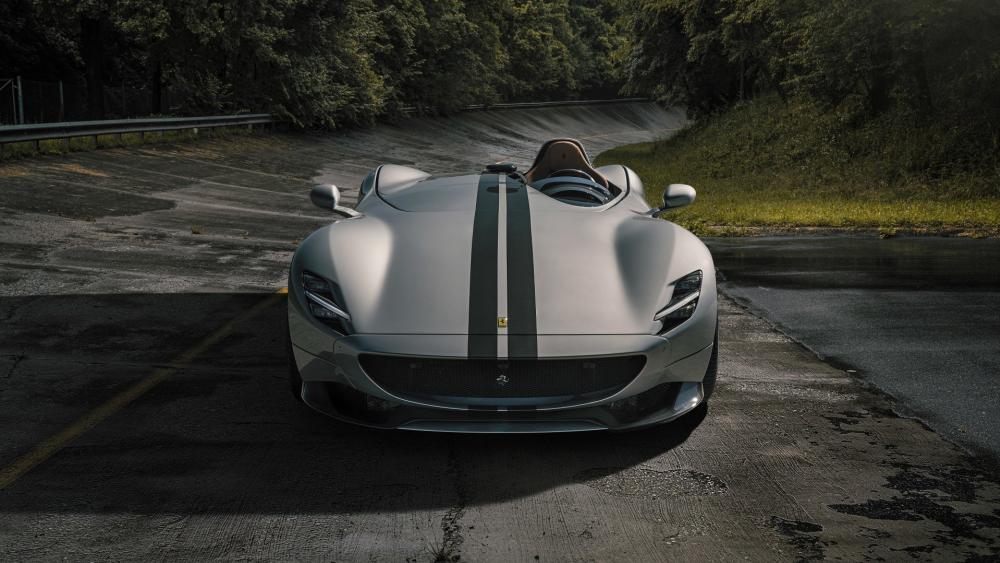 Ferrari Monza SP1 Silver Speedster on a Forest Curve wallpaper