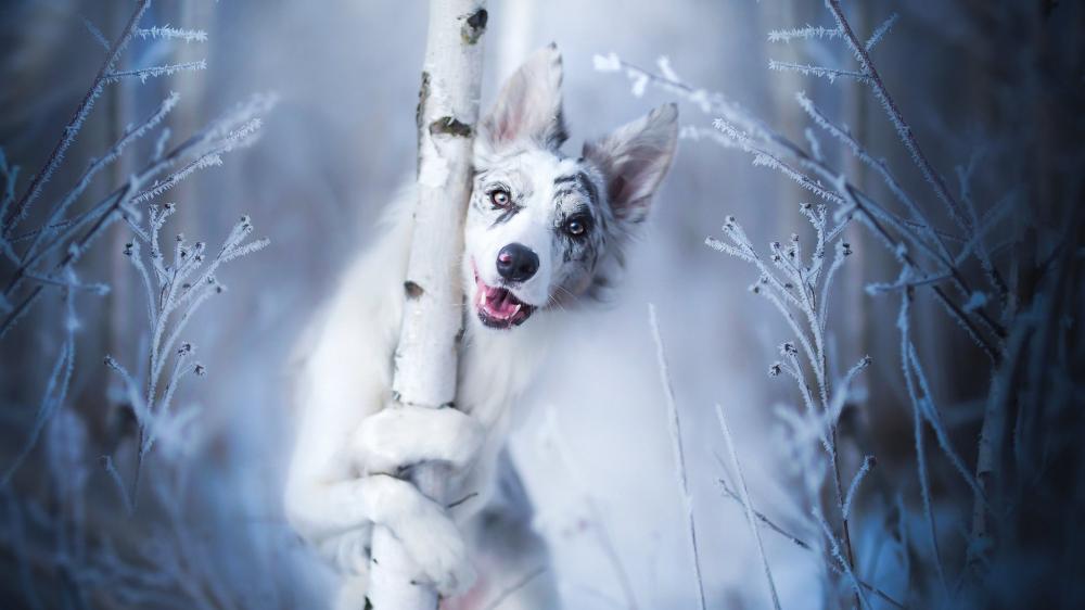 Playful Winter Pup Hugging a Birch in Frosty Forest wallpaper