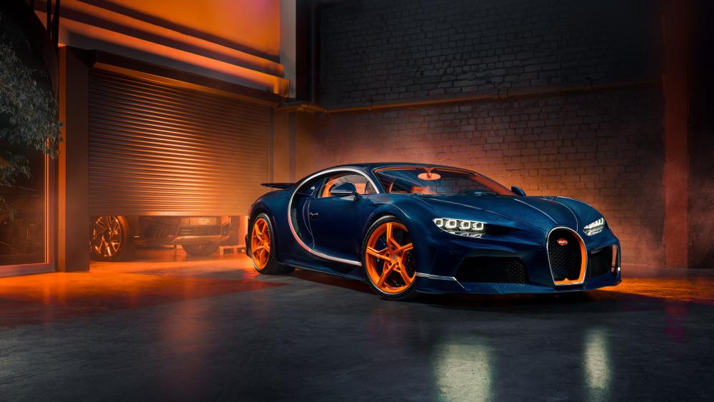Midnight Bugatti Chiron in Neon Glow Garage Ambience 5K Wallpaper wallpaper