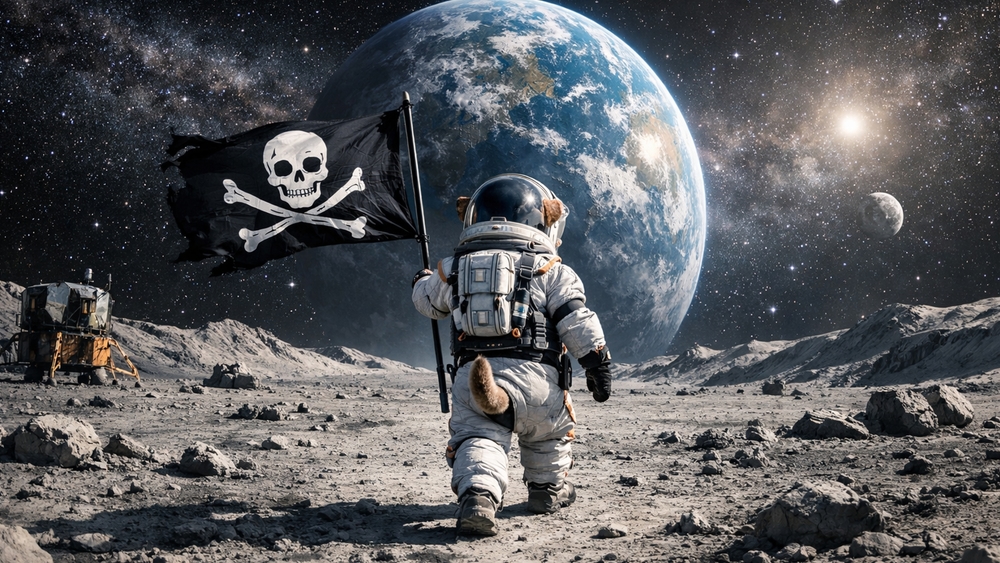 Moon Pirate Pup Raises the Jolly Roger in Space wallpaper