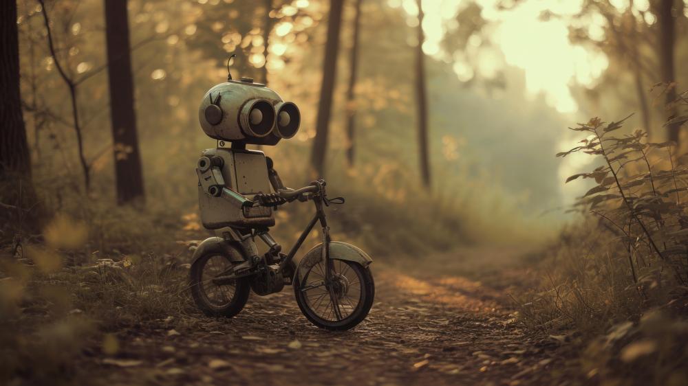 Adorable Toy Robot Takes a Sunny Forest Bike Ride wallpaper