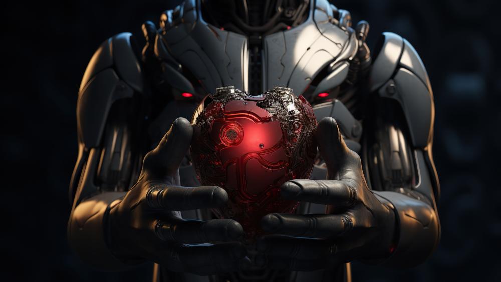 Cybernetic Guardian Holding a Glowing Heart Core in the Shadows wallpaper