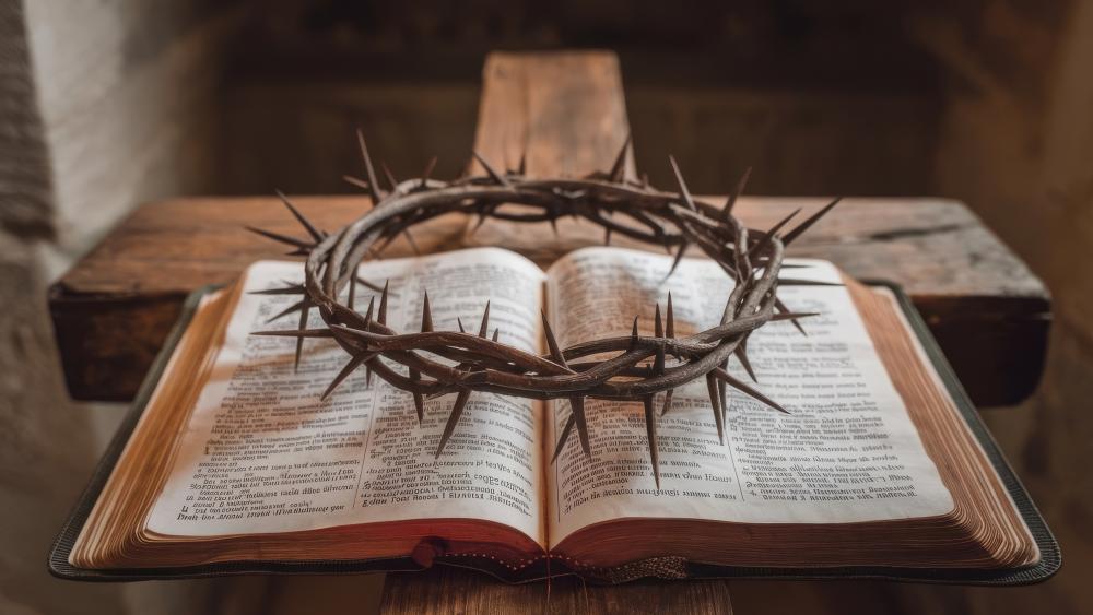 Crown of Thorns Resting on Open Bible in Sacred Light wallpaper