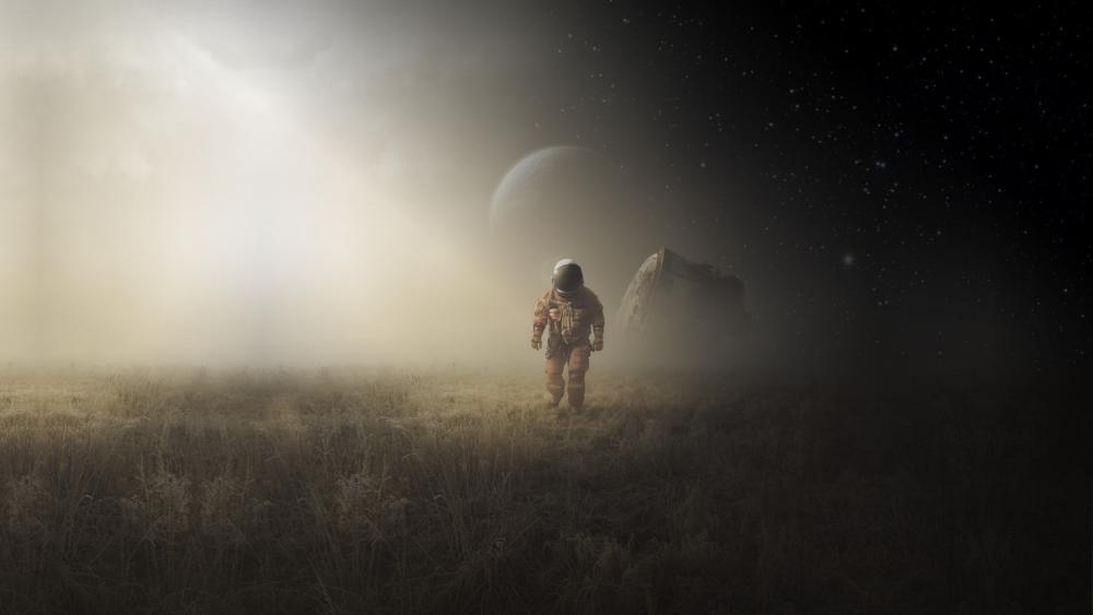 Lone Astronaut Crossing a Misty Alien Plain Under Distant Moons wallpaper