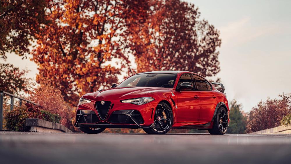 Red Alfa Romeo Giulia GTAm Stance in Autumn Street Glow wallpaper