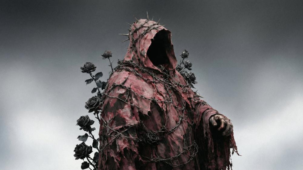 Thornbound Wraith in Crimson Shroud Amid Black Roses and Wire wallpaper