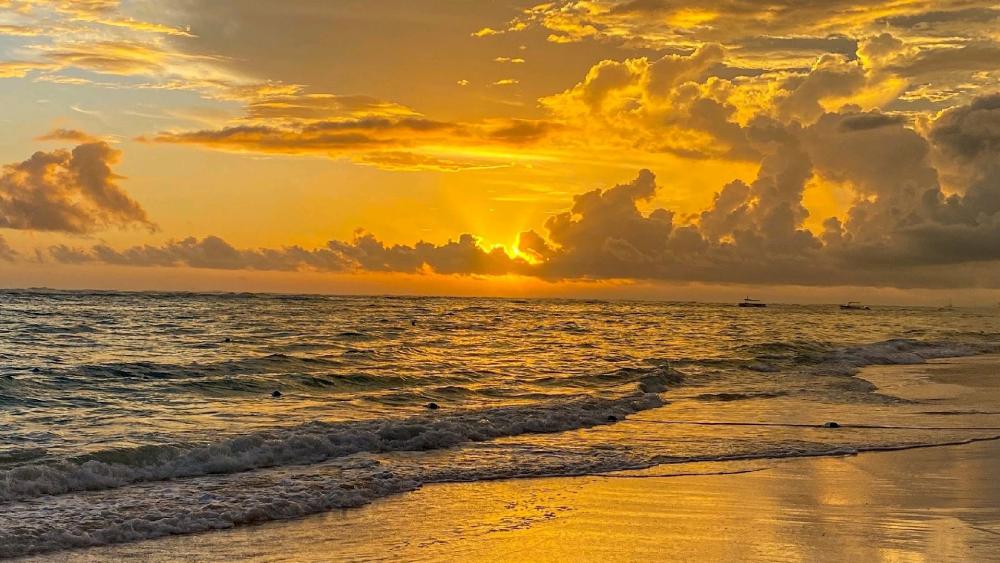 Golden Dusk Over a Calm Sea Horizon wallpaper