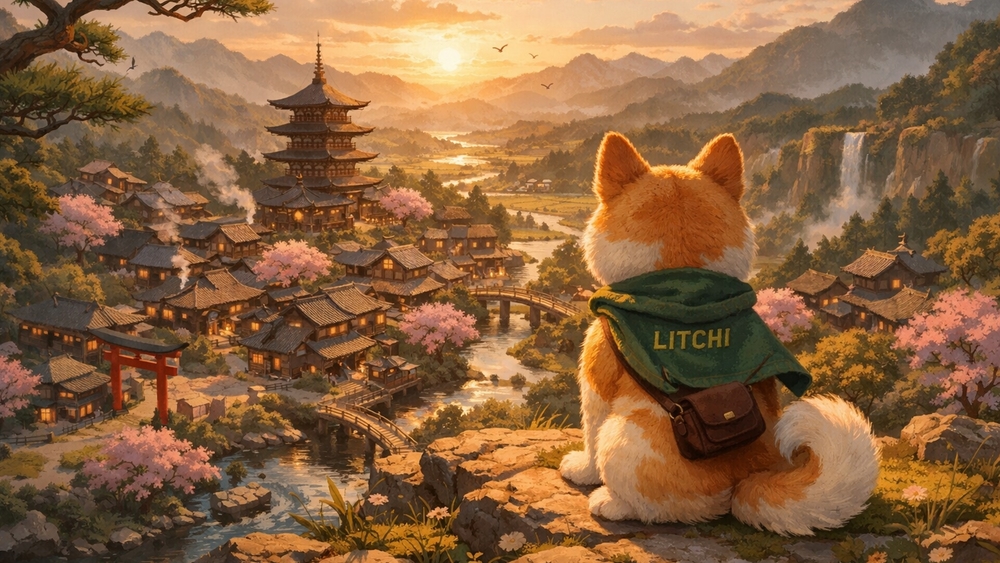 Sunset Journey Over an Oriental Valley Village in Anime Style wallpaper