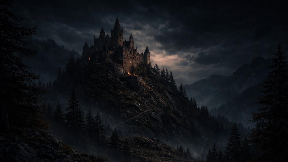 Twilight Haze Over the Shadowed Mountain Castle Path wallpaper