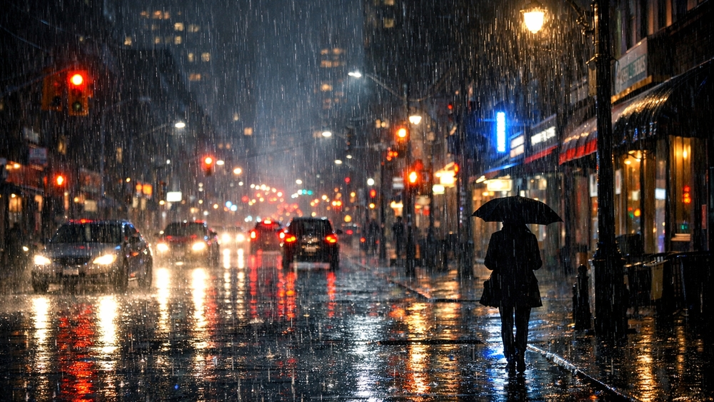 Rain Soaked City Night Street With Umbrella Silhouette wallpaper