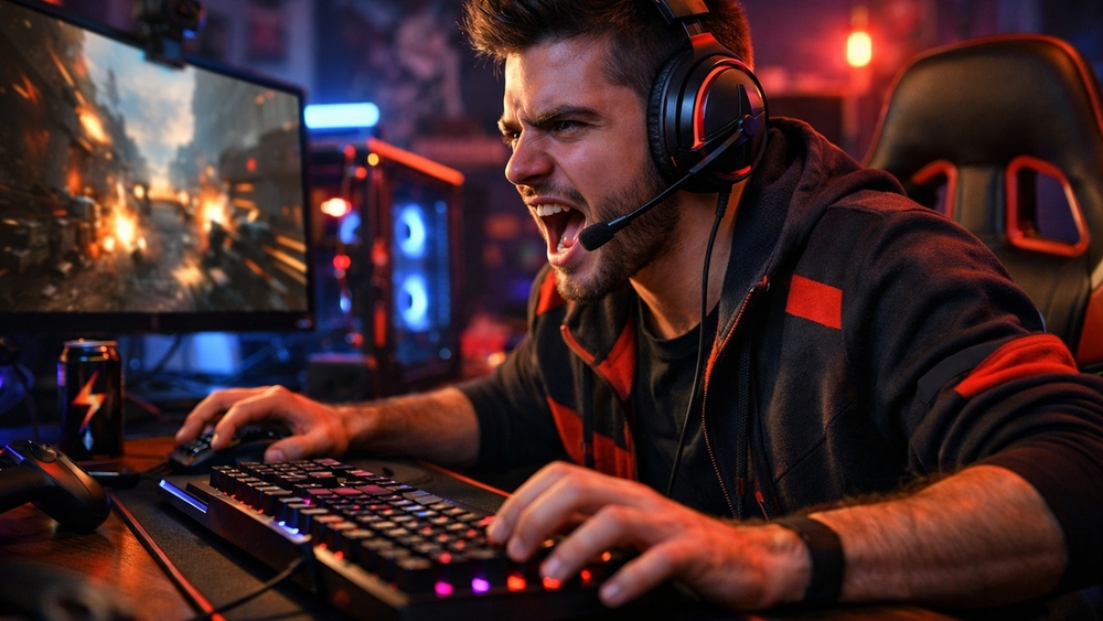 Neon Gaming Battle Station With Headphones And RGB Keyboard wallpaper