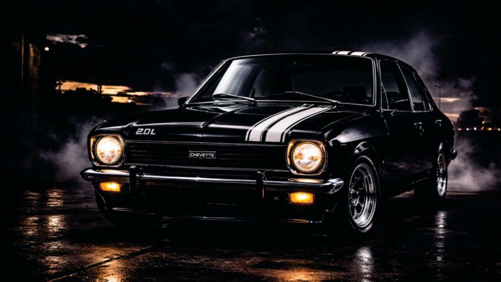 Midnight Chevrolet Chevette Blackout Racer in Rainy Neon Glow wallpaper