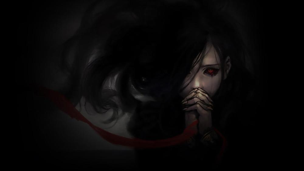 Red Eyed Gothic Anime Girl Emerging From Endless Darkness wallpaper