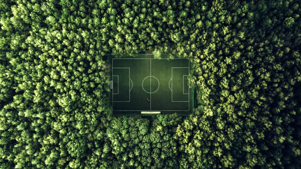 Hidden Forest Football Pitch From Above In Lush 5K Green wallpaper