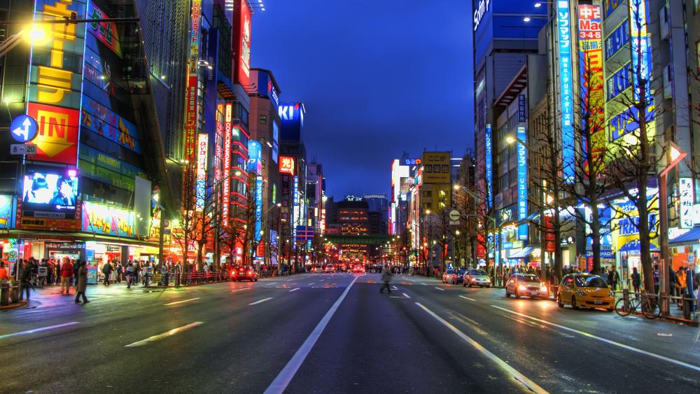 Neon Pulse of Akihabara Tokyo Street at Blue Hour wallpaper