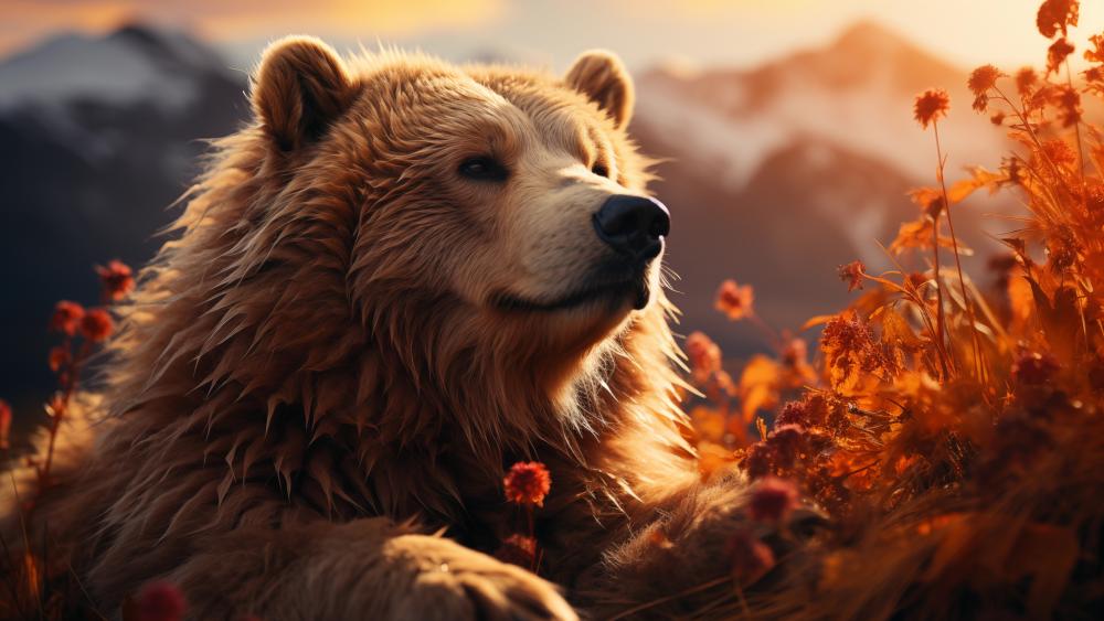 Golden Hour Bear in Autumn Meadow 4K AI Art Wallpaper wallpaper