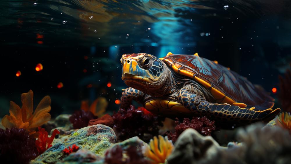 Luminous Sea Turtle Gliding Through a Dreamy Coral Reef in 4K wallpaper