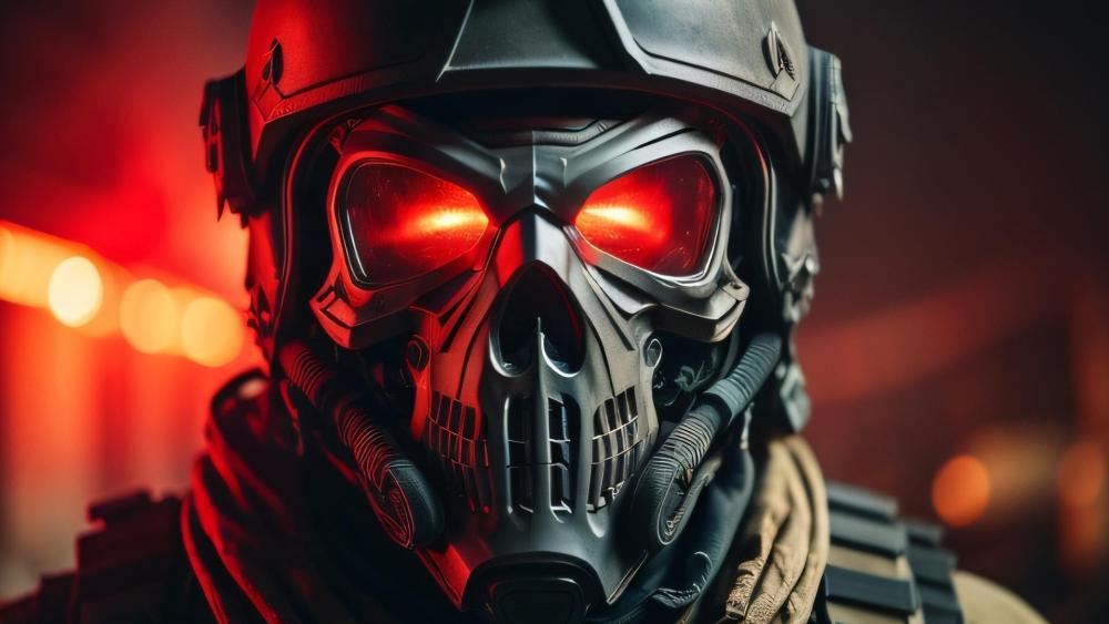 Crimson Eyed Gas Mask Sentinel of a Neon Wasteland wallpaper