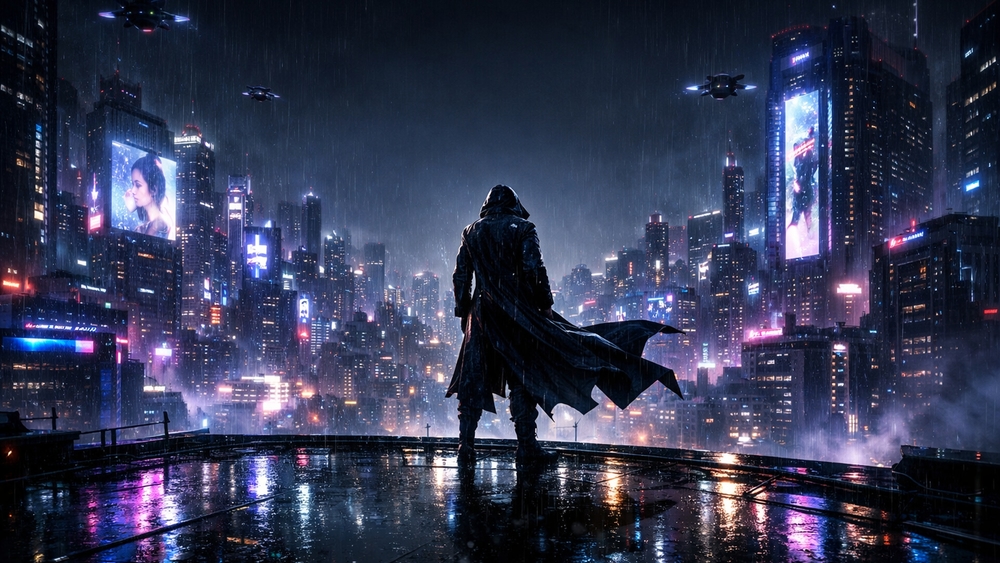 Cloaked Cyberpunk Sentinel Watching a Neon Metropolis in the Rain wallpaper
