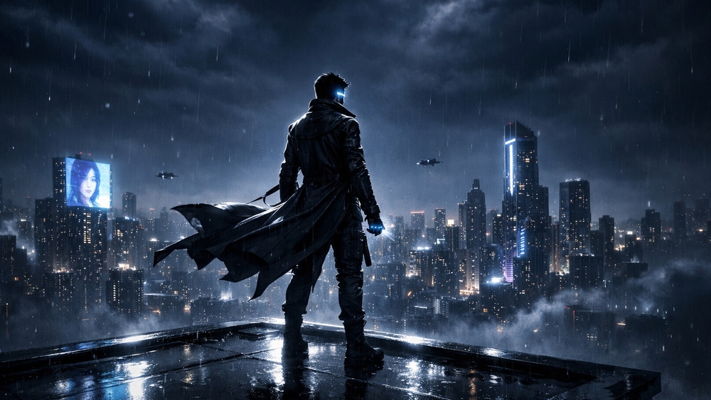 Neon Cloaked Vigilante Watching a Rainy Cyberpunk Metropolis at Night wallpaper
