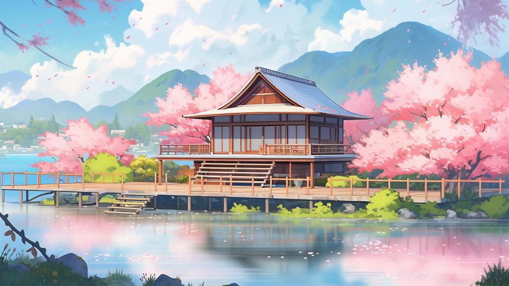 Serene Anime Sakura Lakeside House in Spring Mountainscape wallpaper