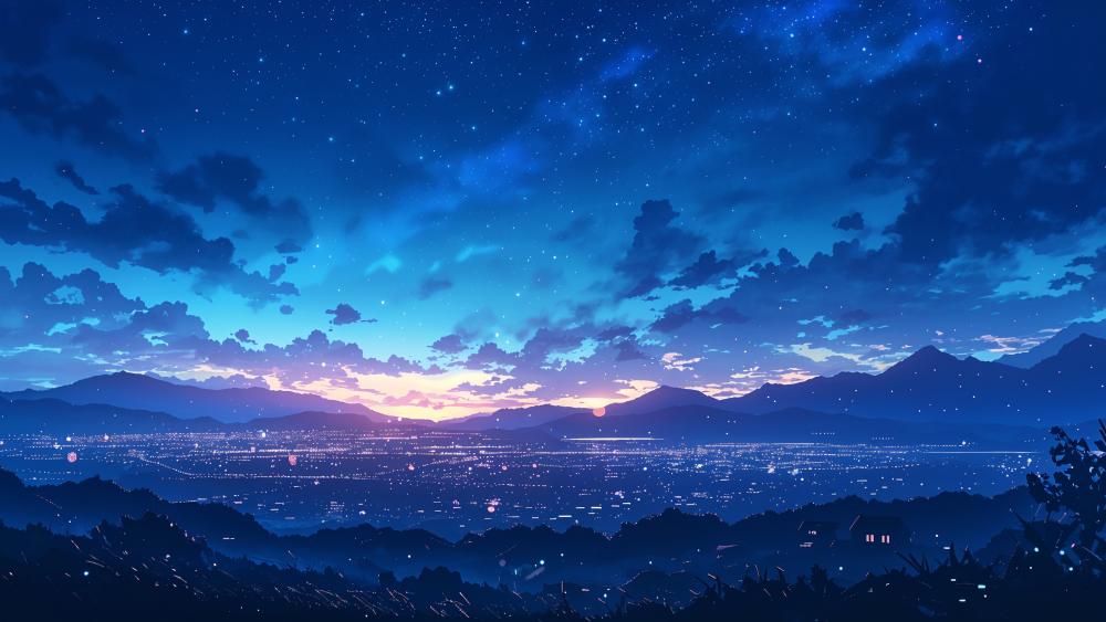 Starlit Blue Horizon Over a Quiet Anime Cityscape wallpaper