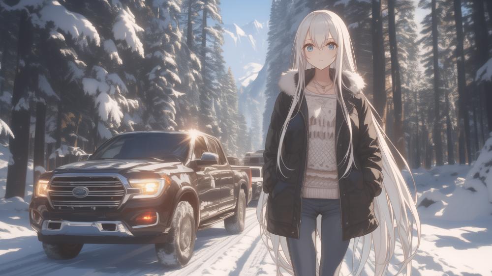 Serene Winter Roadside Anime Girl in Crisp 4K wallpaper