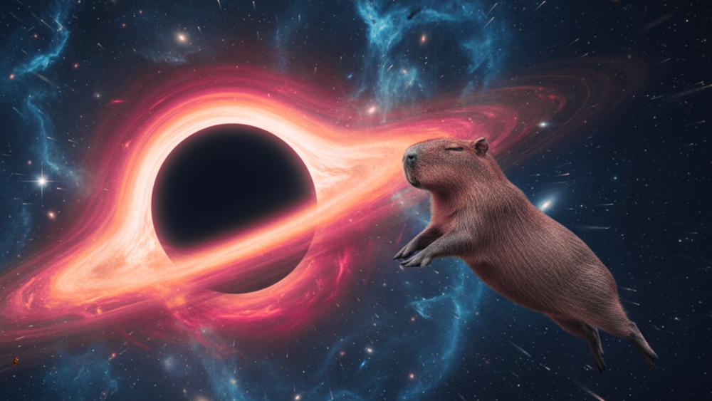 Capybara Drifting Past a Black Hole in Meme Space wallpaper