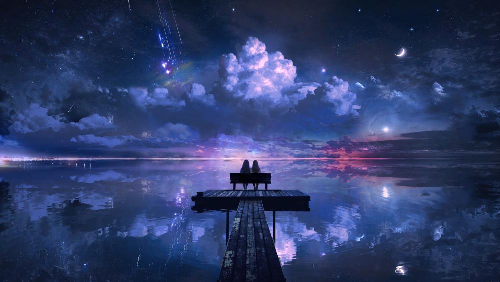 Starlit Pier Romance Over a Tranquil Fantasy Lake wallpaper