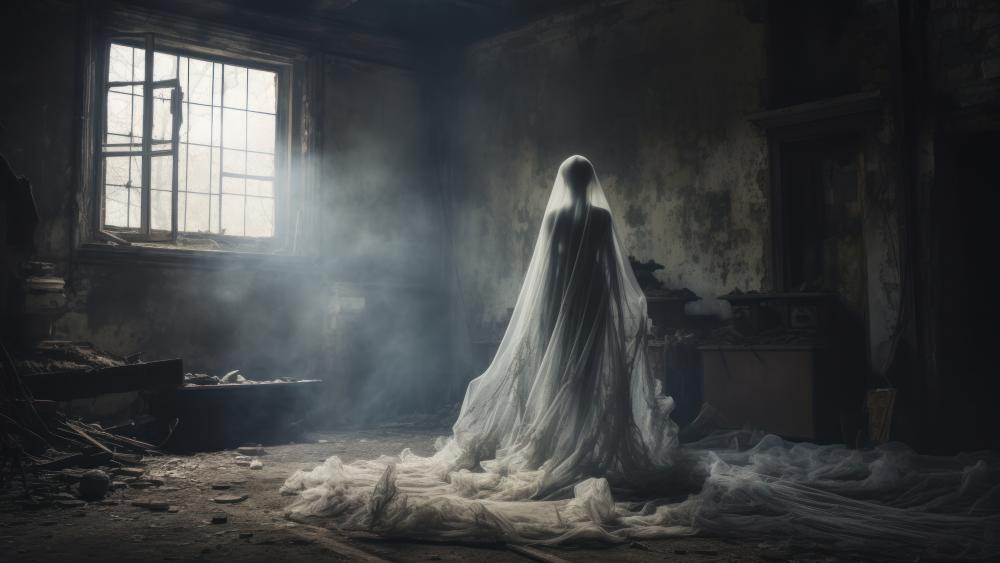 Veiled Apparition in a Ruined Room of Whispering Shadows wallpaper