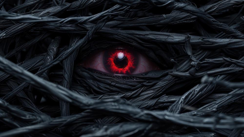 Crimson Sentinel Eye Within Woven Shadows wallpaper