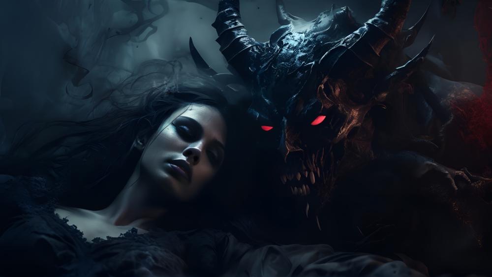 Crimson Eyed Demon Watcher in Midnight Gothic Shadows wallpaper