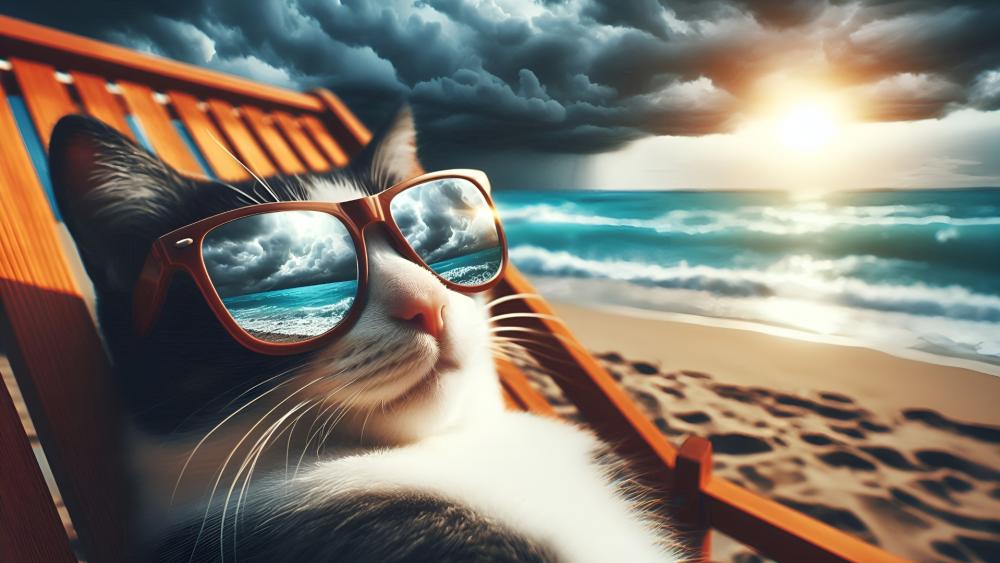 Sunglasses Cat Beach Vacation Vibes Under Dramatic Summer Skies wallpaper