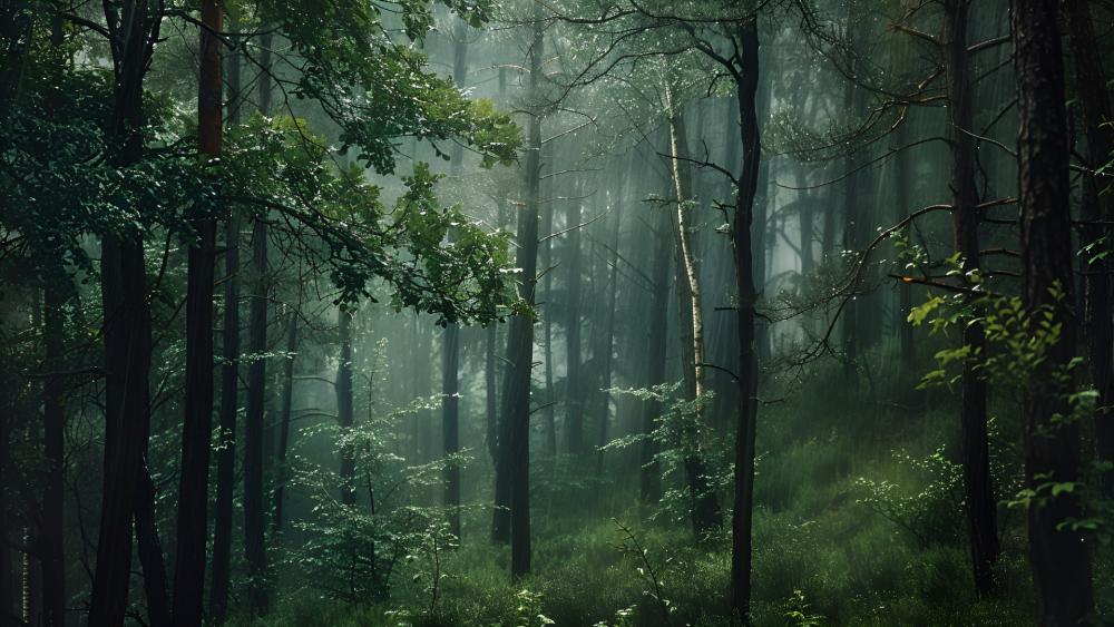 Emerald Mist Drifting Through a Photorealistic Woodland Sanctuary wallpaper