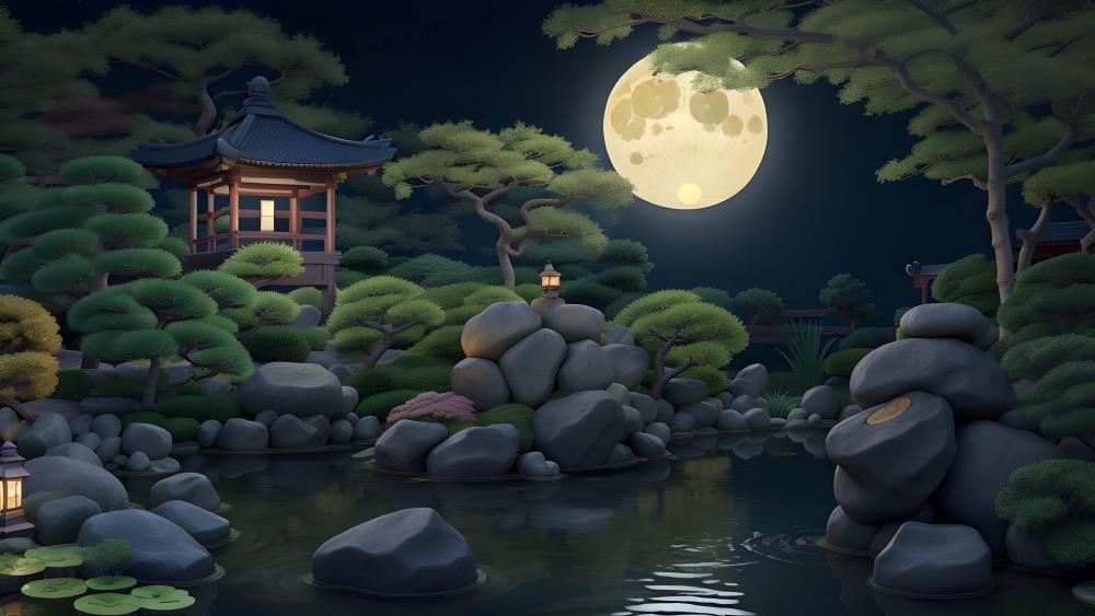 Moonlit Oriental Garden Pond with Gazebo in Fantasy Night Serenity wallpaper