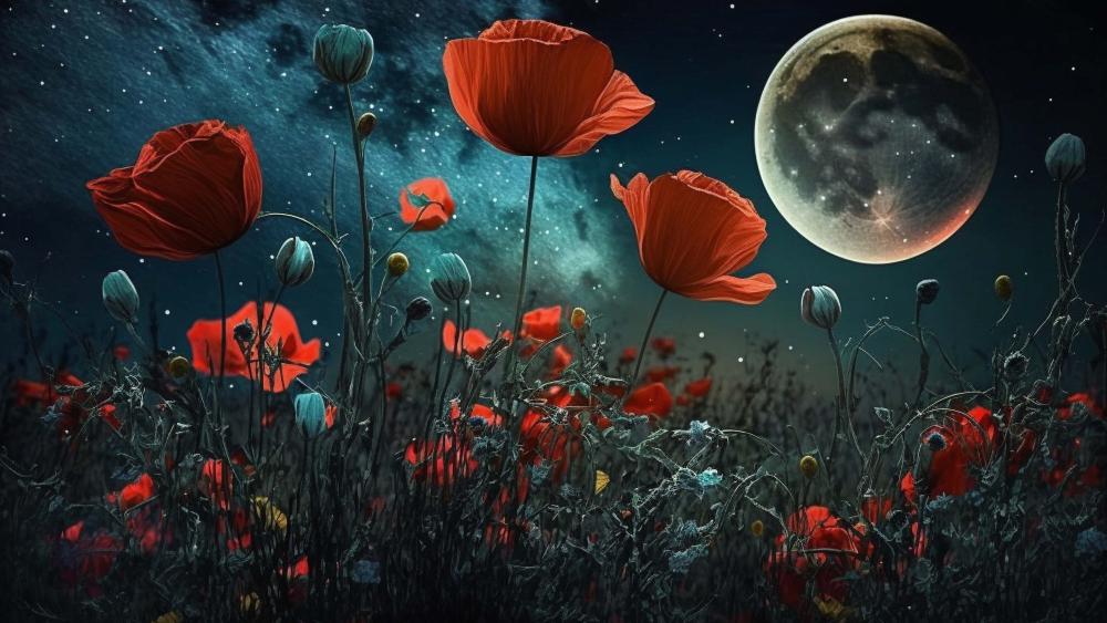 Moonlit Poppy Field Beneath a Radiant Full Moon wallpaper