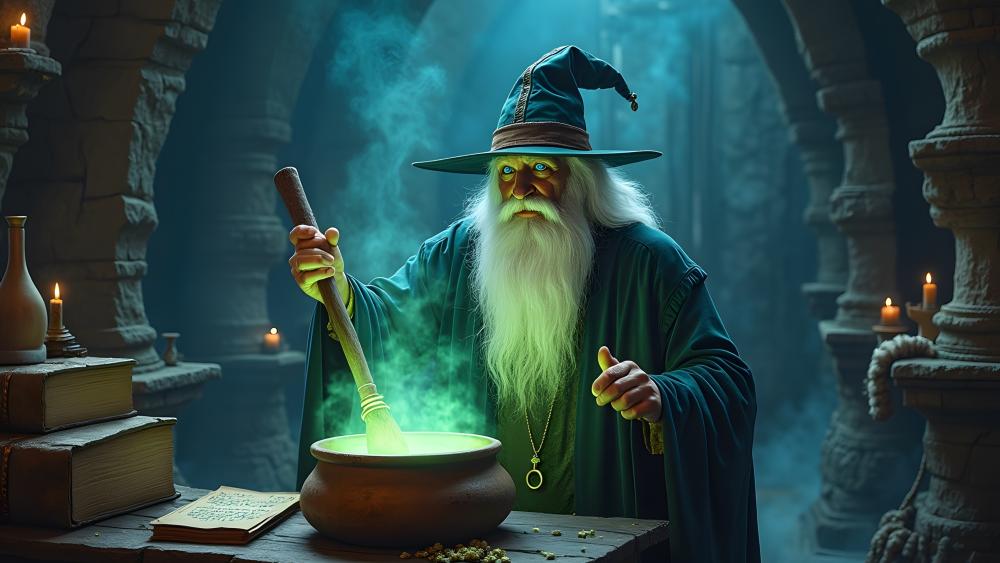Arcane Cauldron Ritual in a Medieval Wizard Dungeon wallpaper