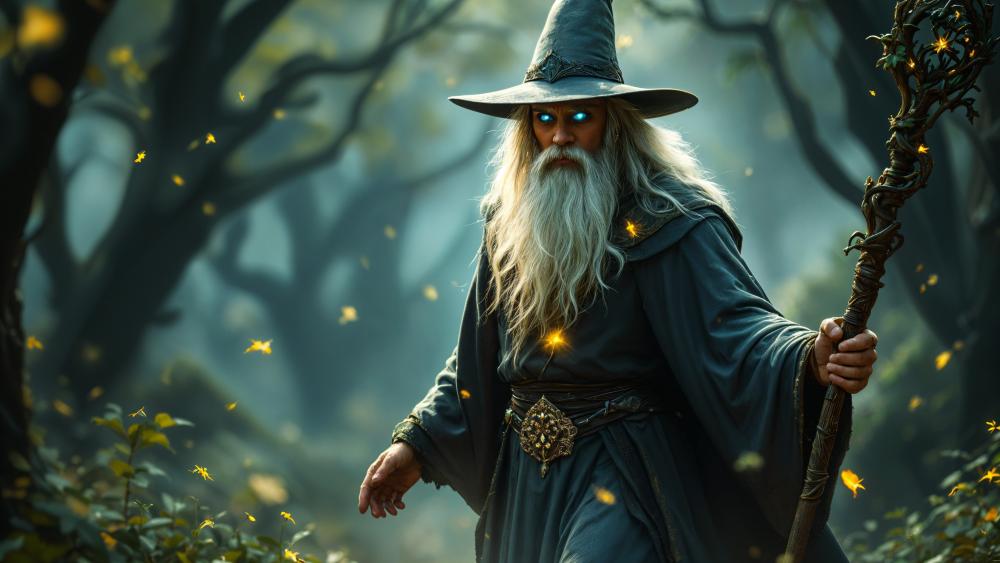 Arcane Forest Wizard with Glowing Eyes and Mythic Staff in 4K wallpaper