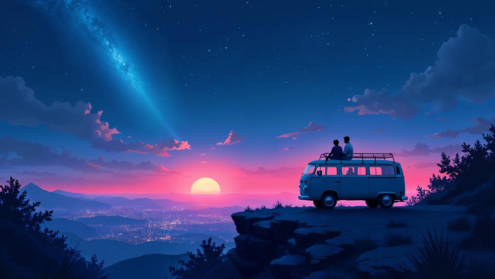 Twilight Roadtrip Stargazing With an Anime Couple on a Cliffside Bus wallpaper