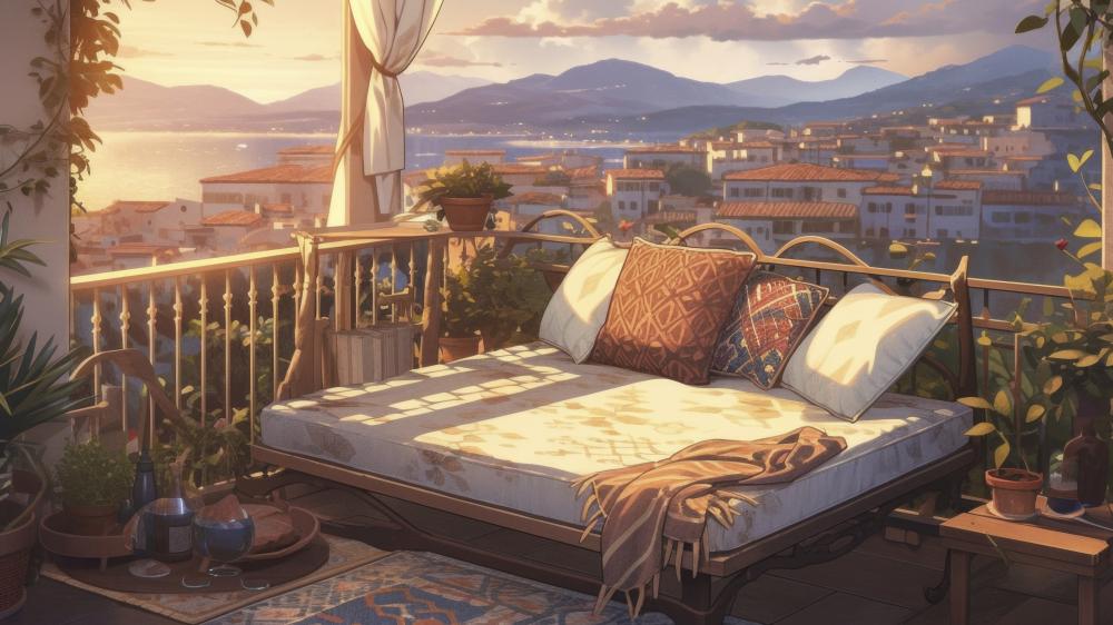 Lo Fi Anime Balcony Lounge Overlooking a Sunlit Coastal Town wallpaper