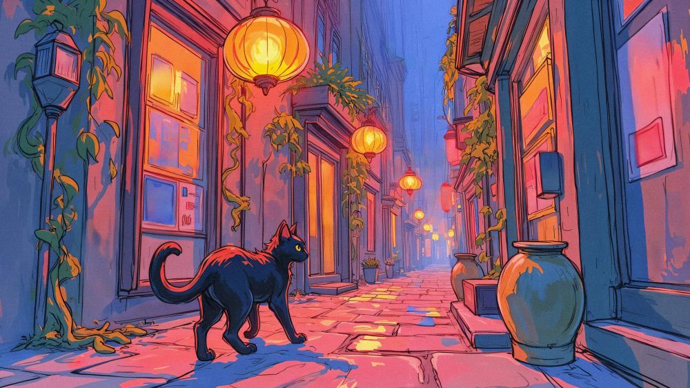 Midnight Black Cat Strolls Through Neon Pink Lantern Alley wallpaper