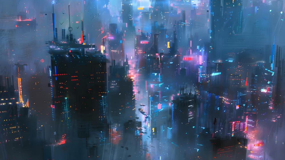 Neon Veil Over the Towering Megacity Night Skyline wallpaper