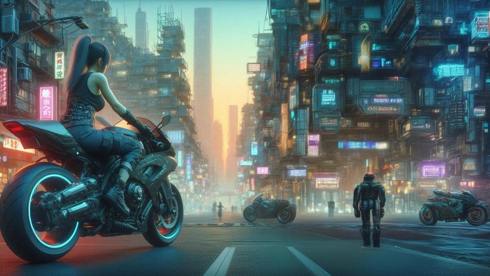 Neon Canyon Riders in a Dystopian Futuristic Metropolis wallpaper